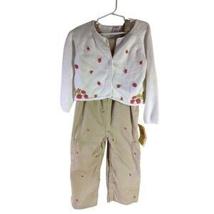 Gymboree Girls 3T White Cardigan Tan Overalls Strawberry Patch Set Embroidered
